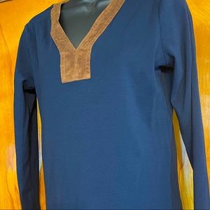 LAUREN, Ralph Lauren MEDIUM, V Neck, Tunic Top Trimmed in Brown Faux Suede